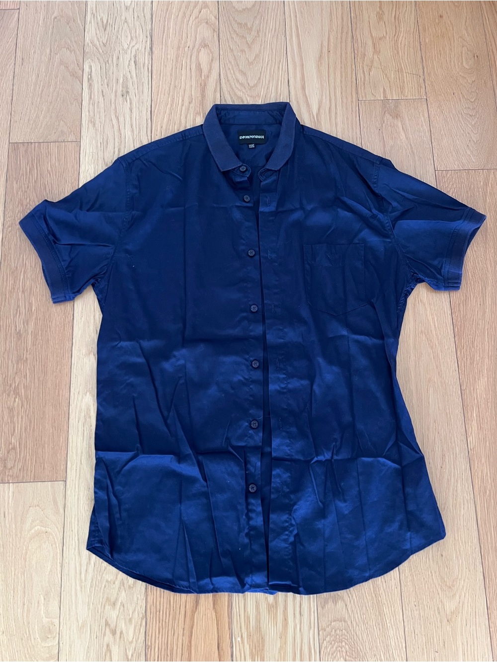 Armani Men’s Navy Short Sleeve Silk Button-Up Shirt